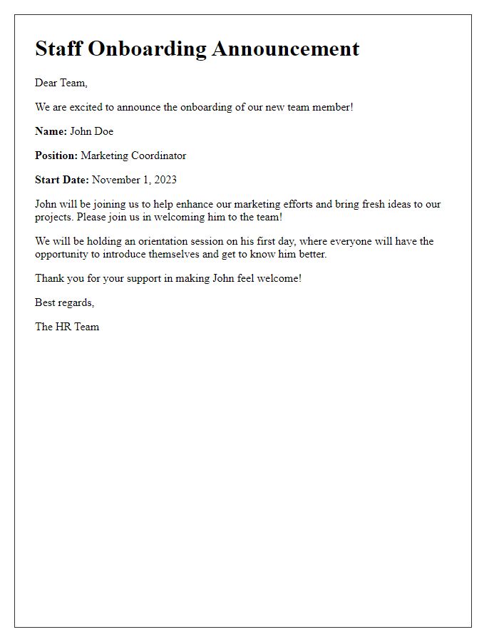 Letter template of staff onboarding announcement