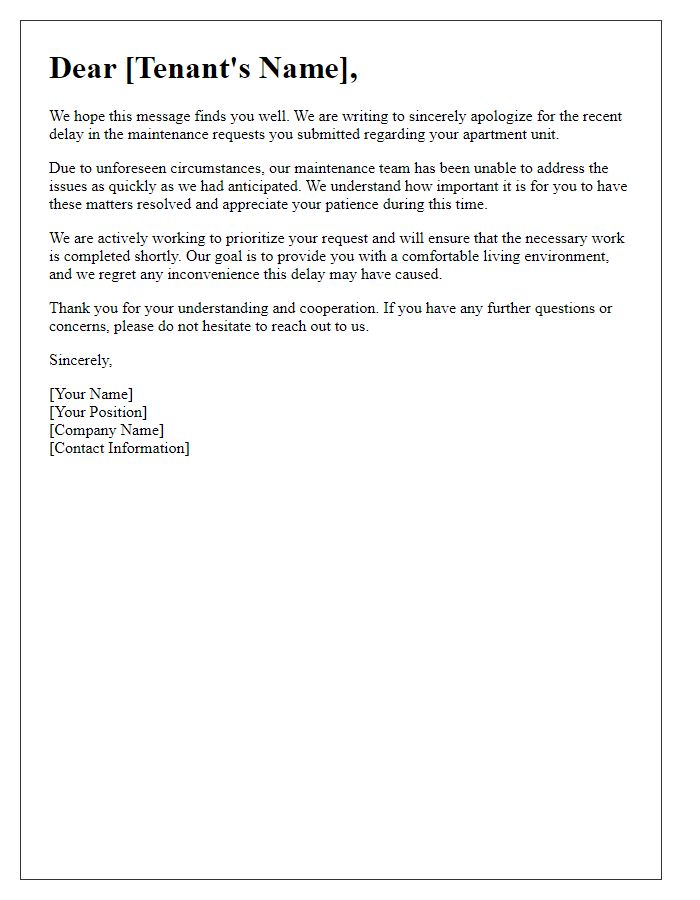 Letter template of apology for maintenance delay to tenants.