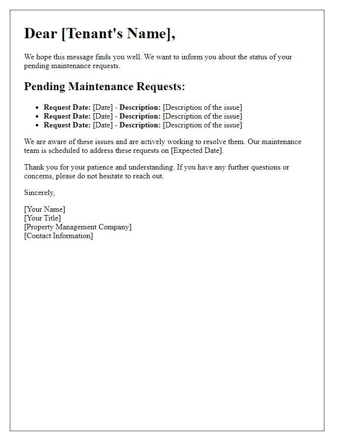 Letter template of communication about pending maintenance requests for tenants.