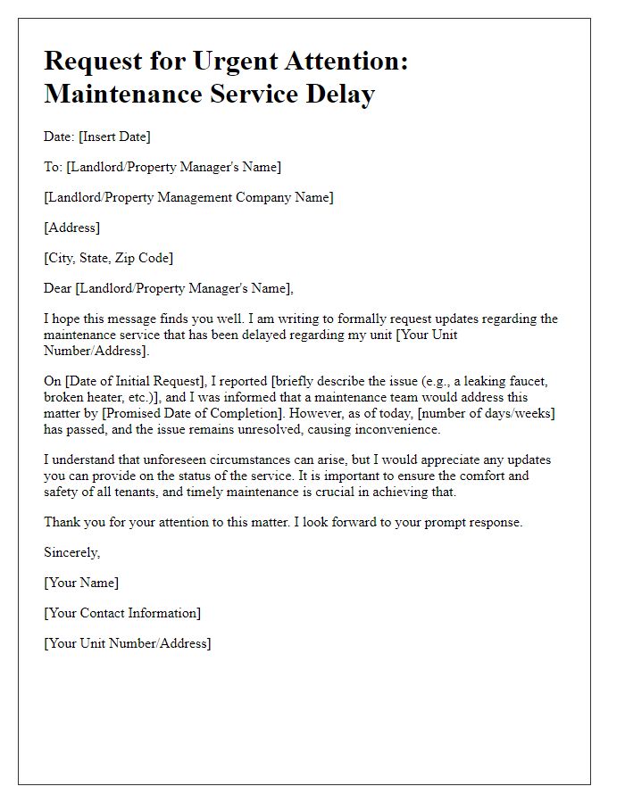 Letter template of request regarding maintenance service delay for tenants.