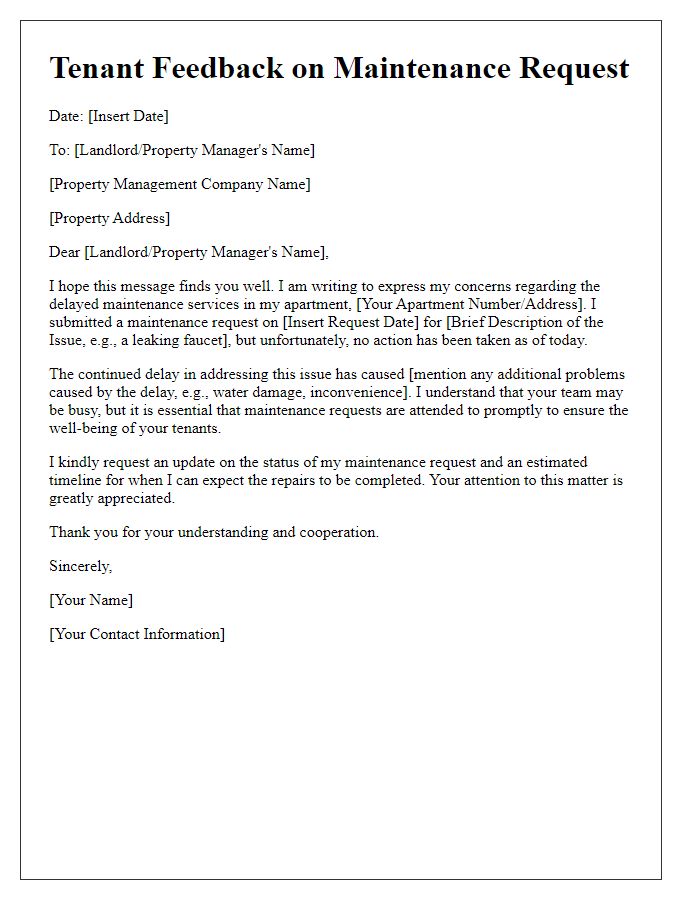 Letter template of tenant feedback on delayed maintenance services.