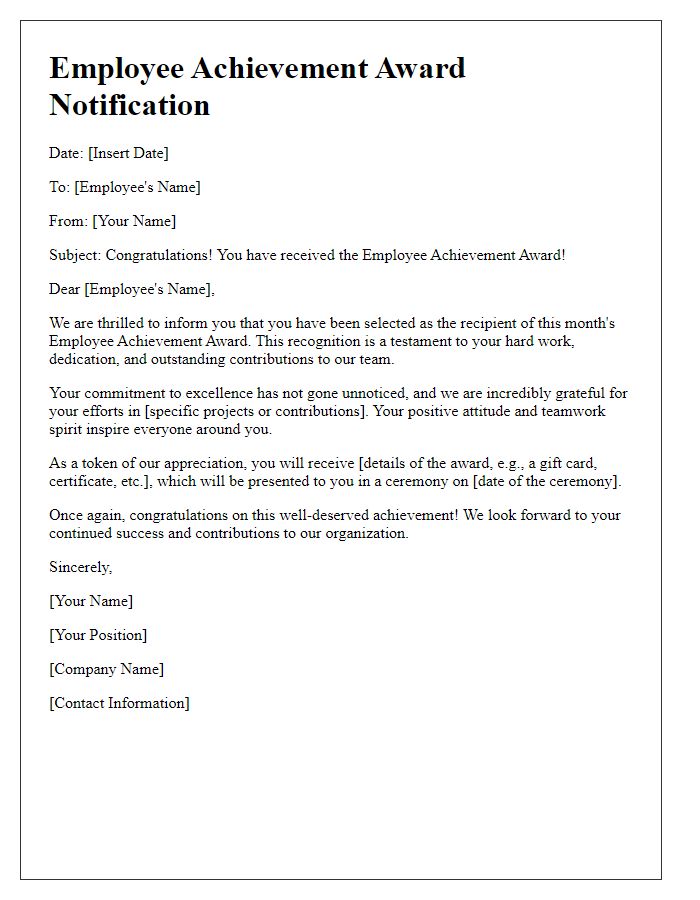 Letter template of employee achievement award notification