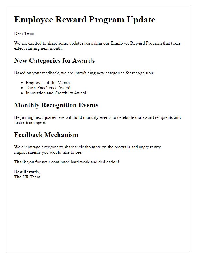 Letter template of employee reward program updates