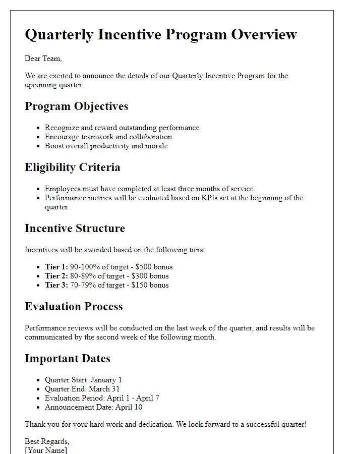 Letter template of quarterly incentive program details