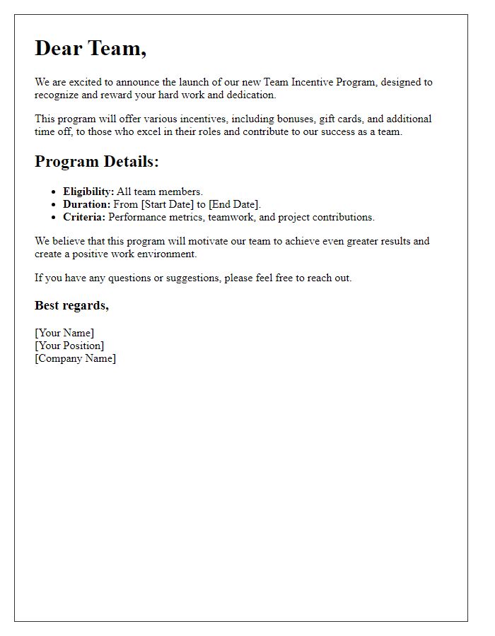 Letter template of team incentive program launch