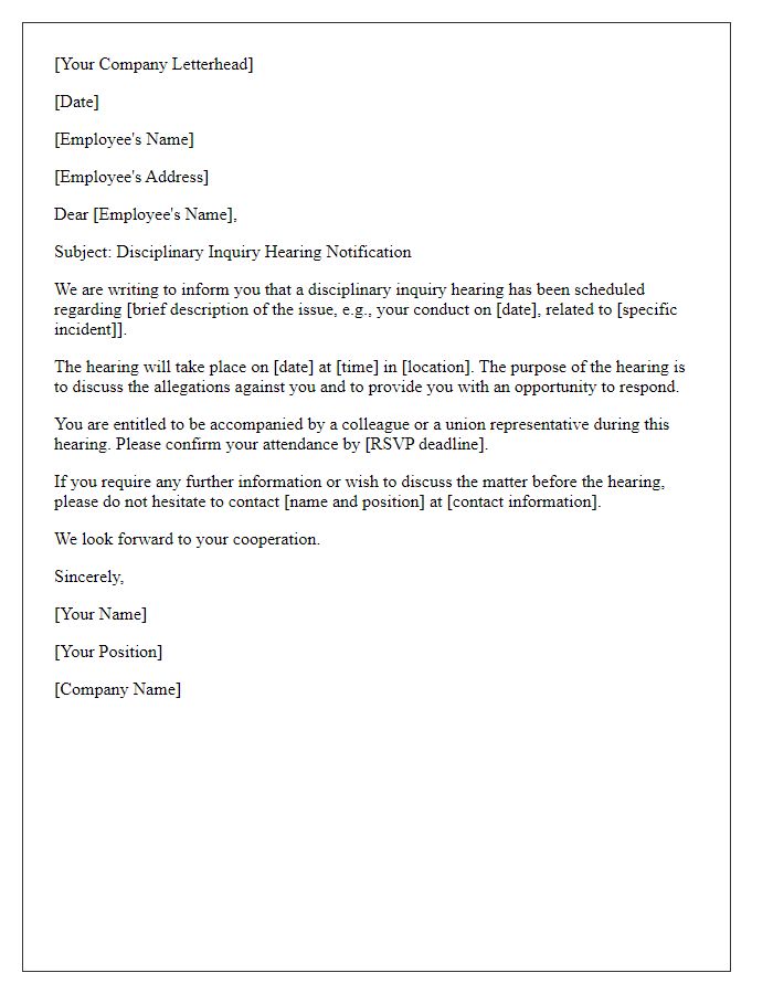 Letter template of disciplinary inquiry hearing letter