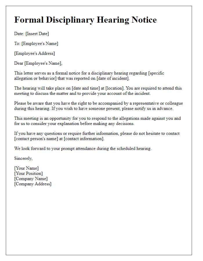 Letter template of formal disciplinary hearing notice