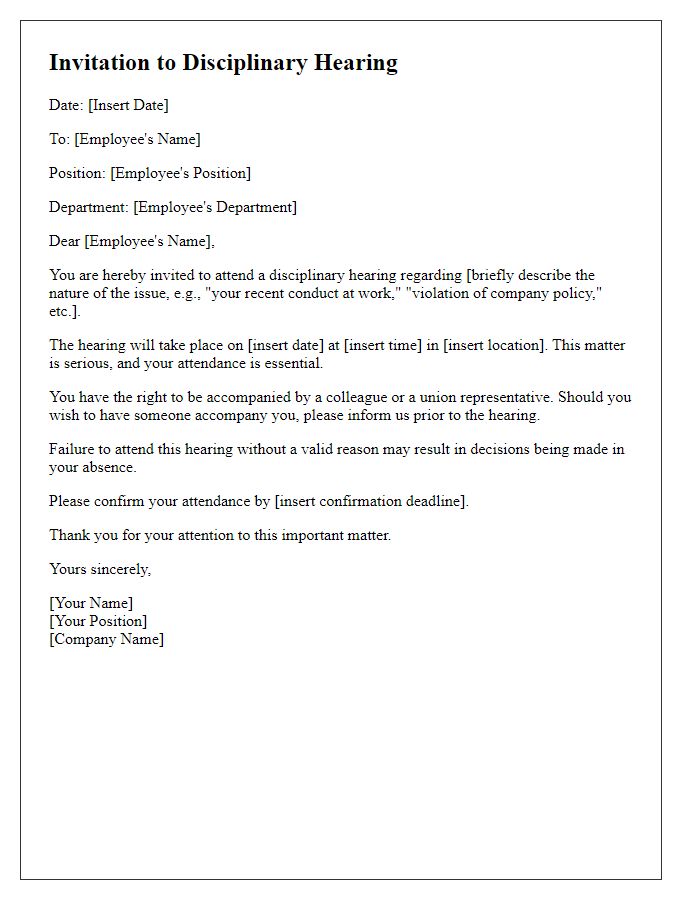 Letter template of invitation to disciplinary hearing