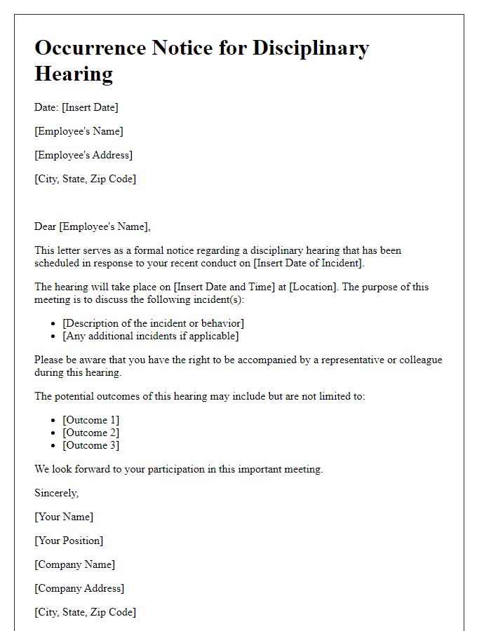 Letter template of occurrence notice for disciplinary hearing