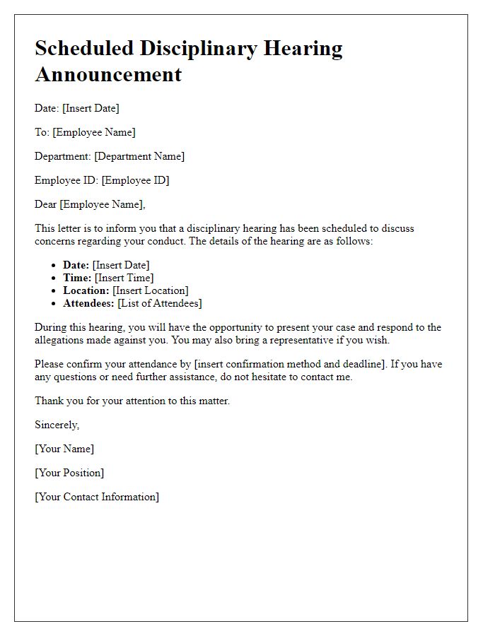 Letter template of scheduled disciplinary hearing announcement