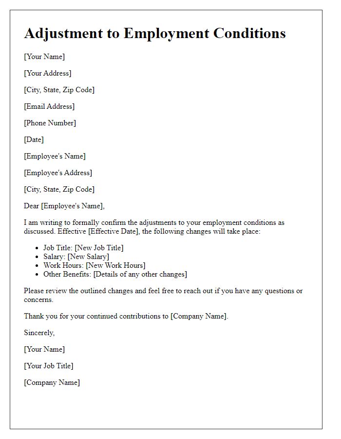 Letter template of adjustment to employment conditions