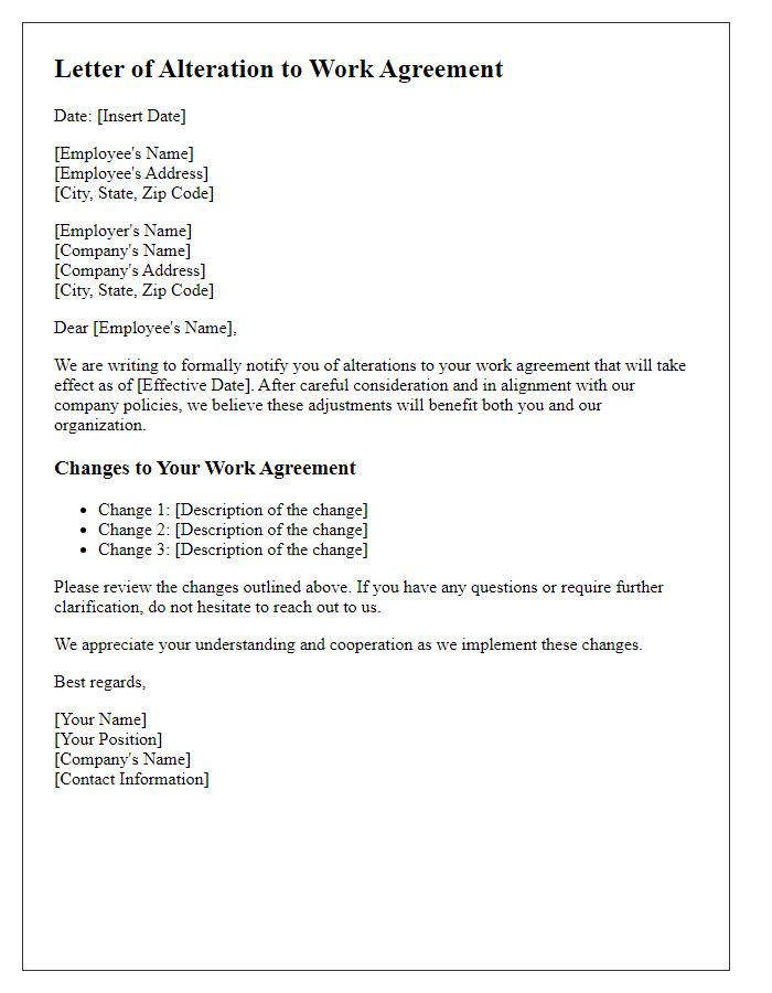 Letter template of alterations to work agreement