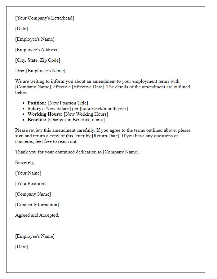 Letter template of employment terms amendment