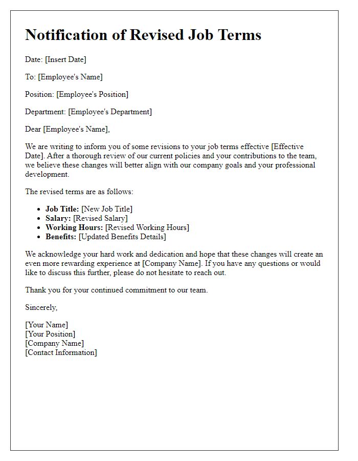 Letter template of notification for revised job terms