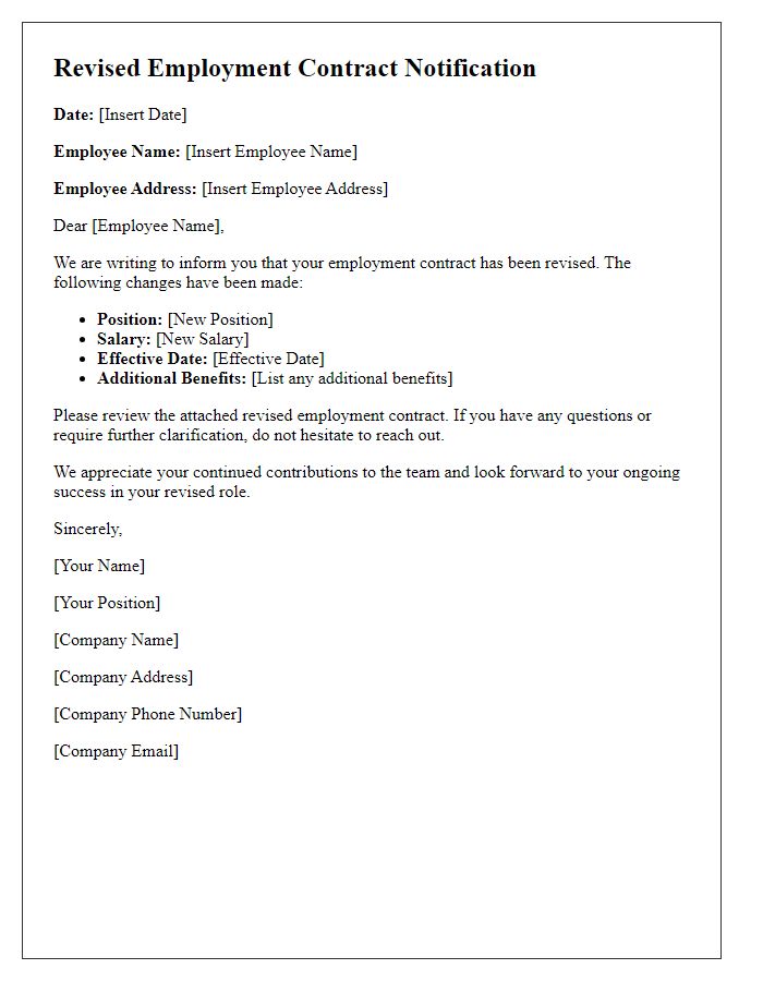 Letter template of revised employment contract notification