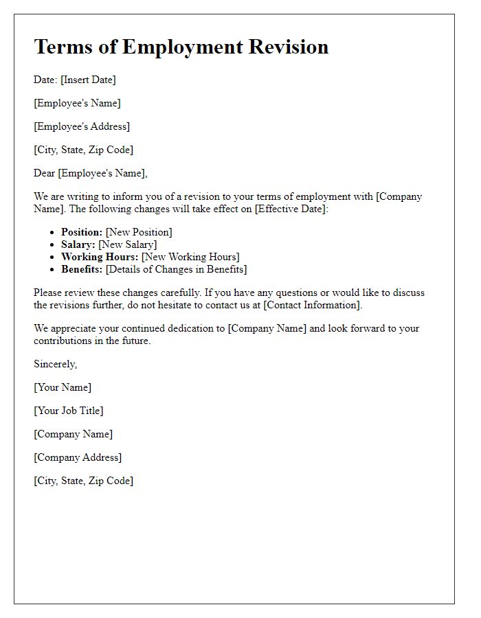 Letter template of terms of employment revision