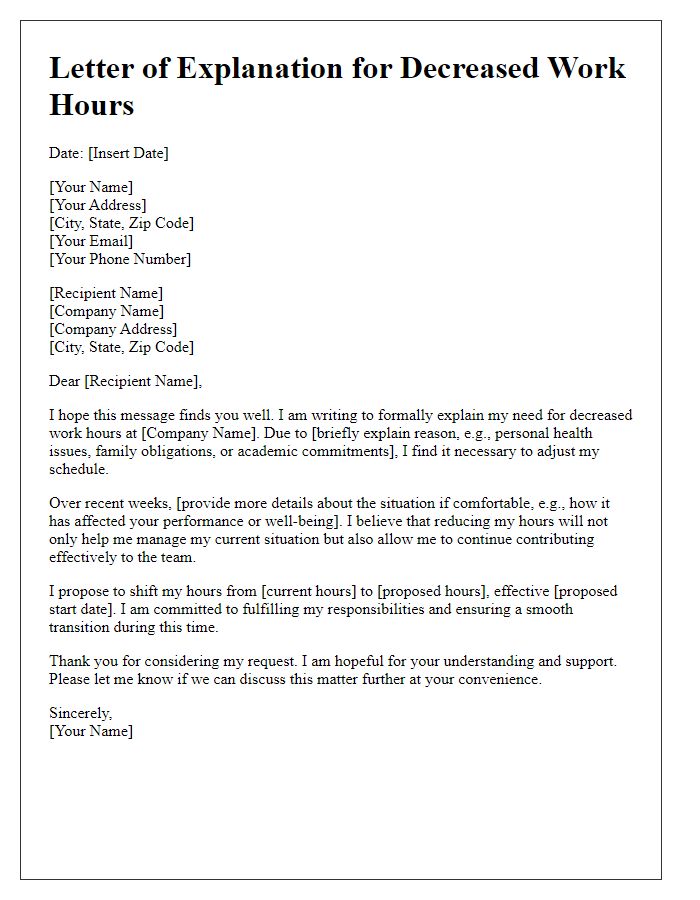 Letter template of explanation for decreased work hours need.