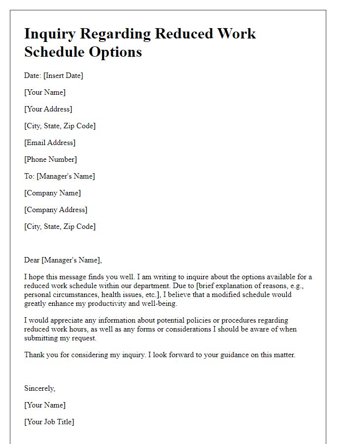 Letter template of inquiry regarding reduced work schedule options.