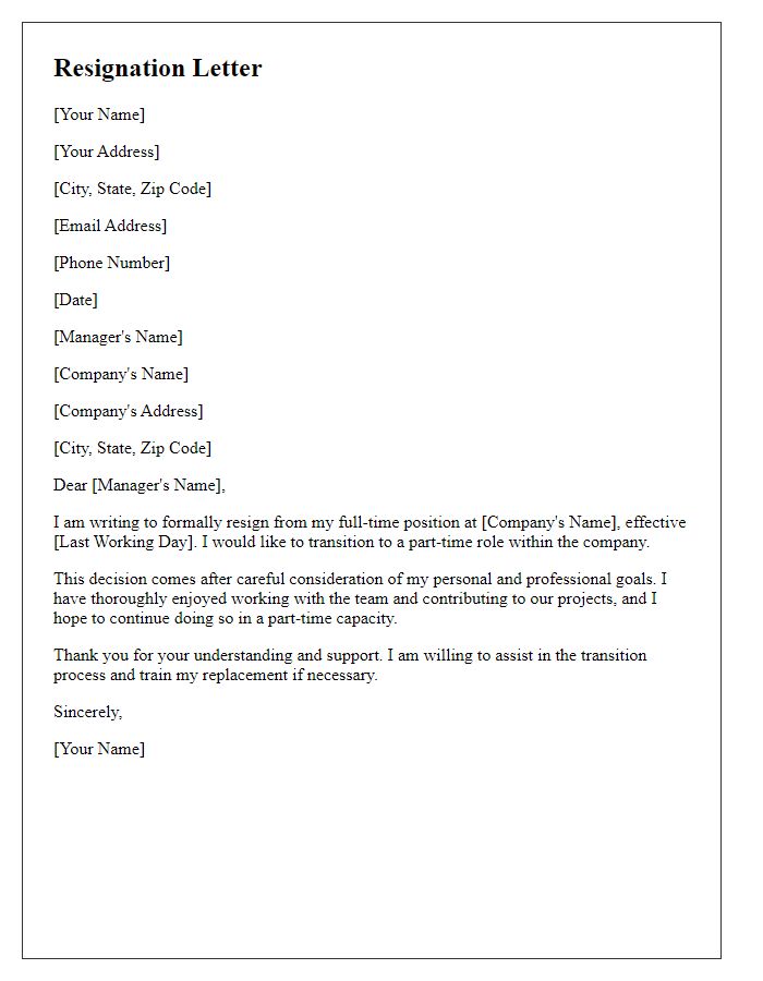 Letter template of resignation from full-time to part-time status.