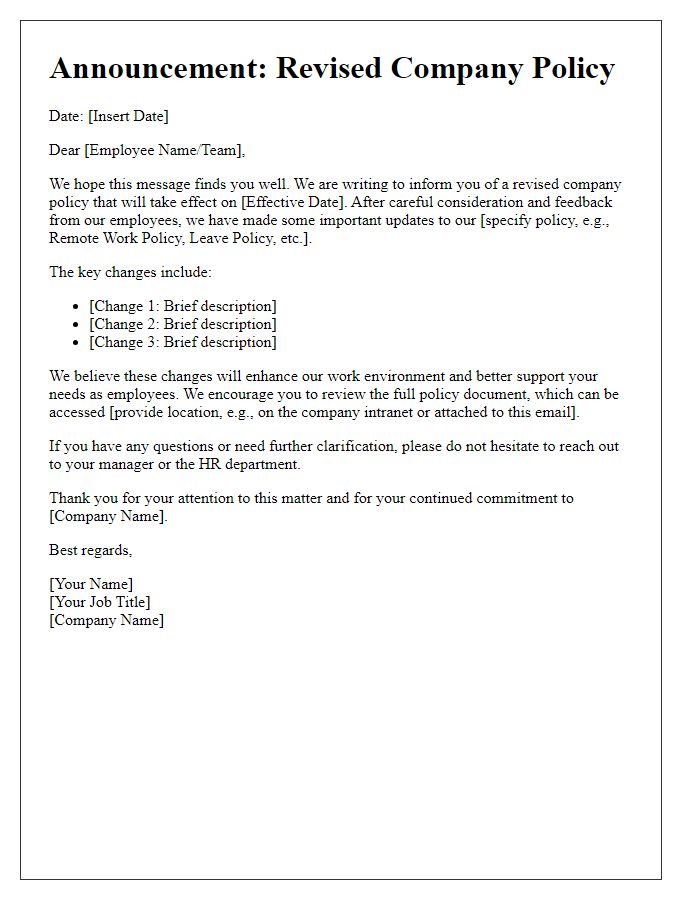 Letter template of announcement for revised company policy.