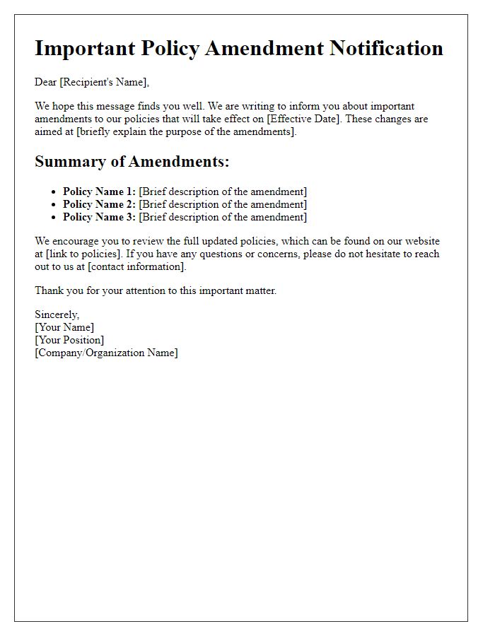 Letter template of communication on important policy amendments.