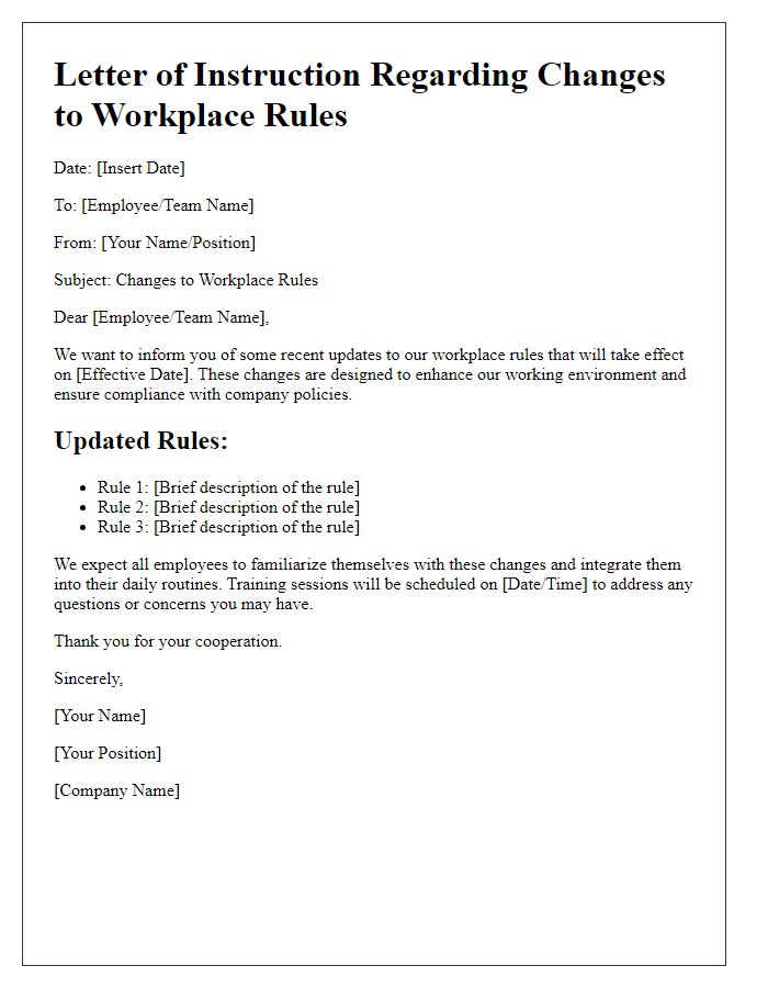 Letter template of instruction regarding changes to workplace rules.