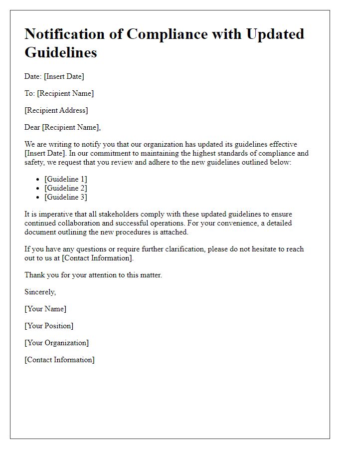 Letter template of notification for compliance with updated guidelines.