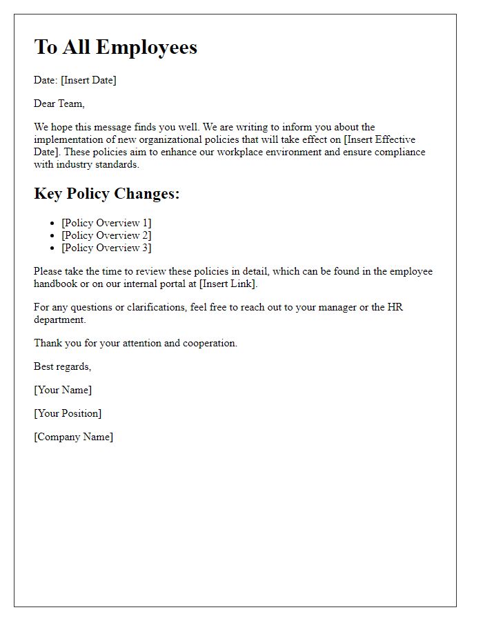 Letter template of notification regarding new organizational policies.