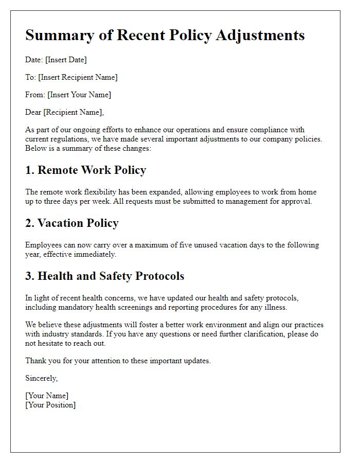 Letter template of summary for recent policy adjustments within the company.