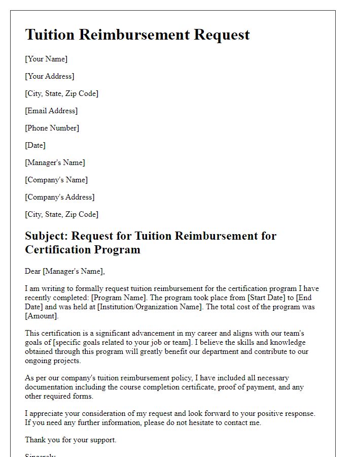 Letter template of tuition reimbursement request for certification programs