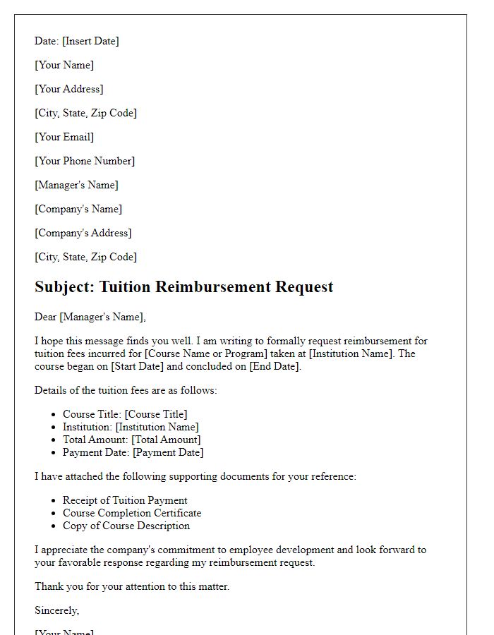 Letter template of tuition reimbursement request with supporting documents