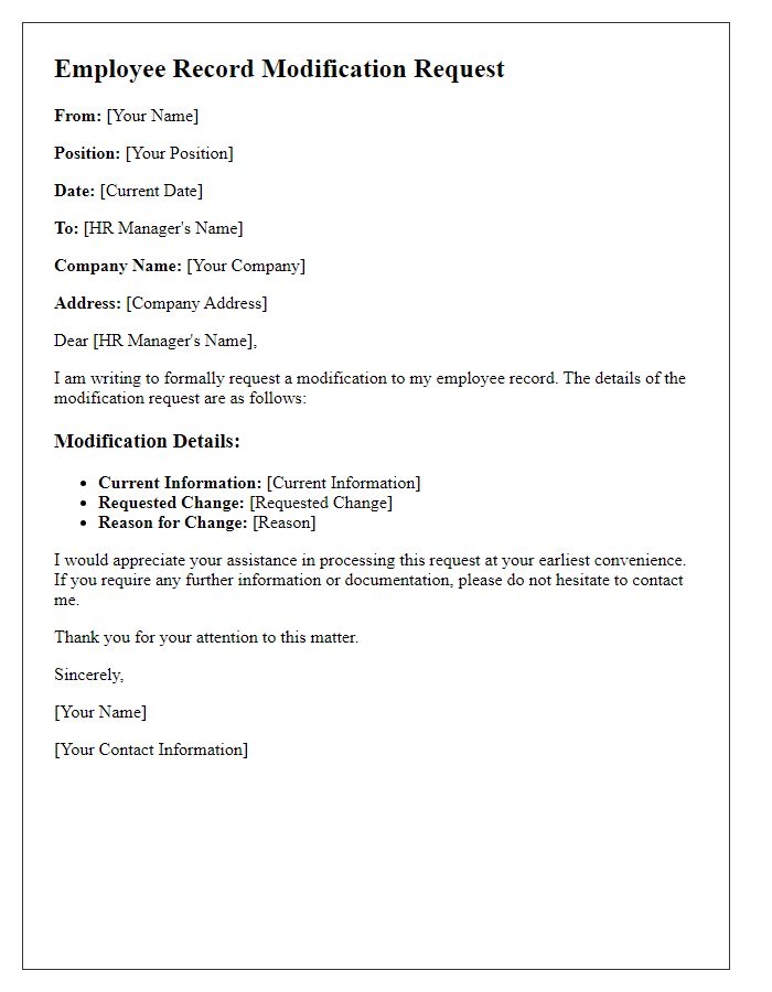 Letter template of employee record modification request