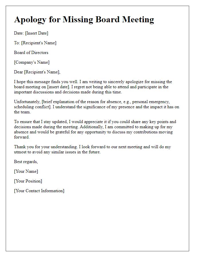 Letter template of apology for missing the board meeting