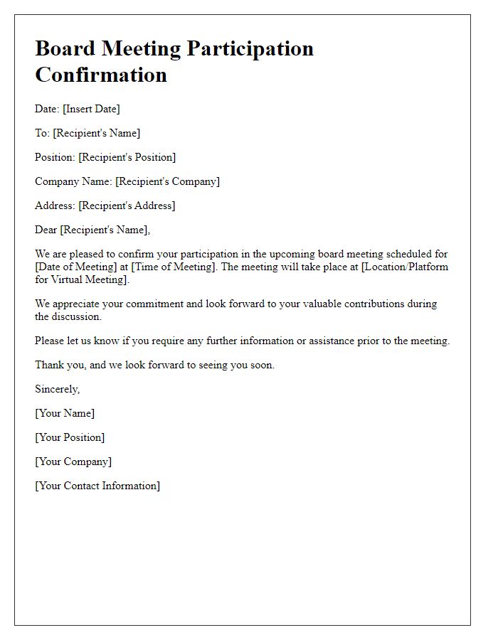 Letter template of confirmation for board meeting participation