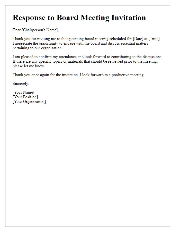 Letter template of response to board meeting invitation