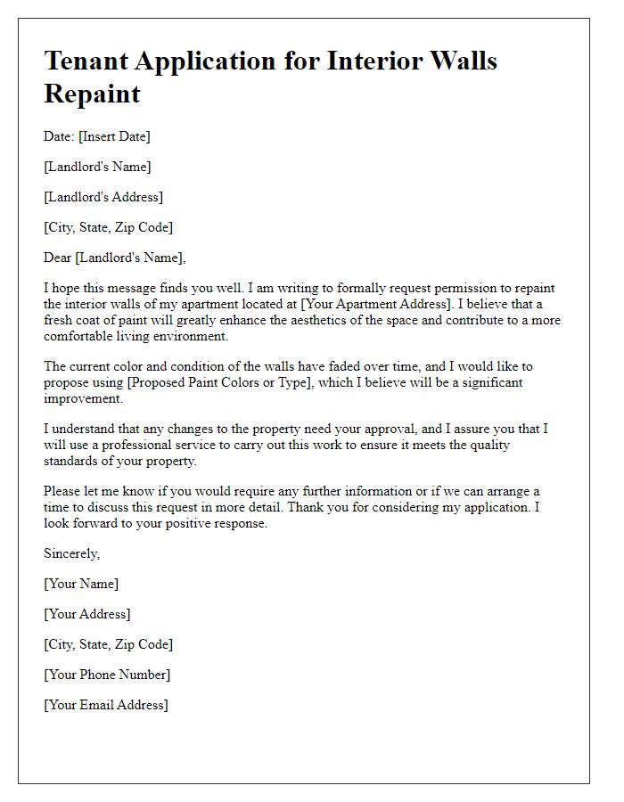 Letter template of tenant application for interior walls repaint