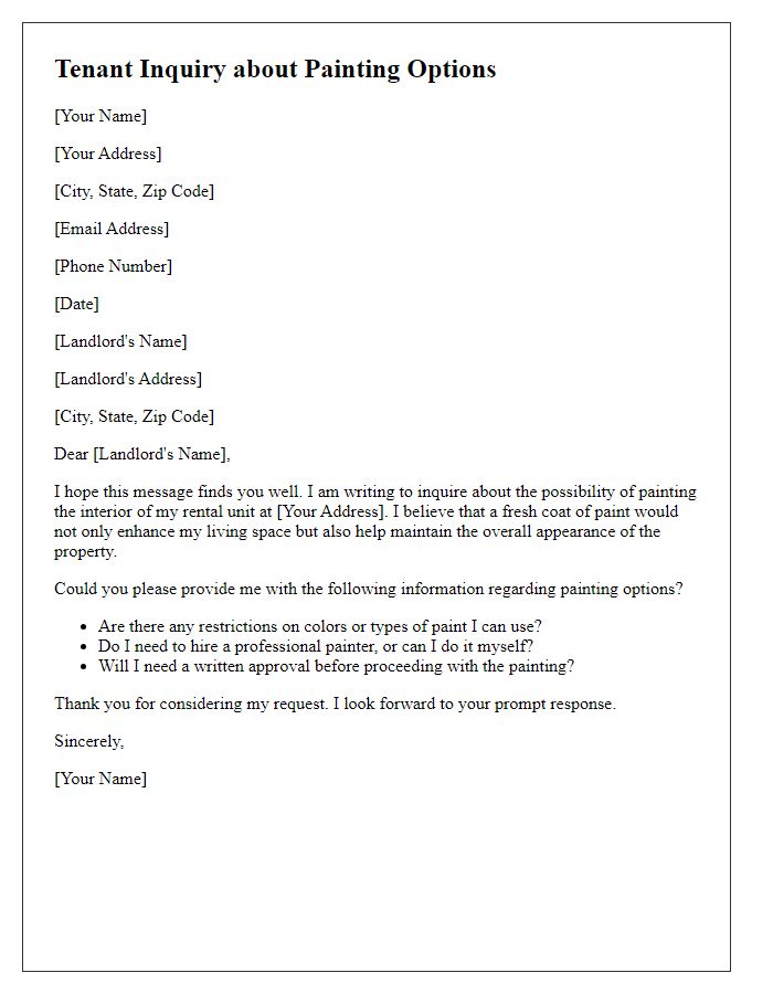 Letter template of tenant inquiry about painting options