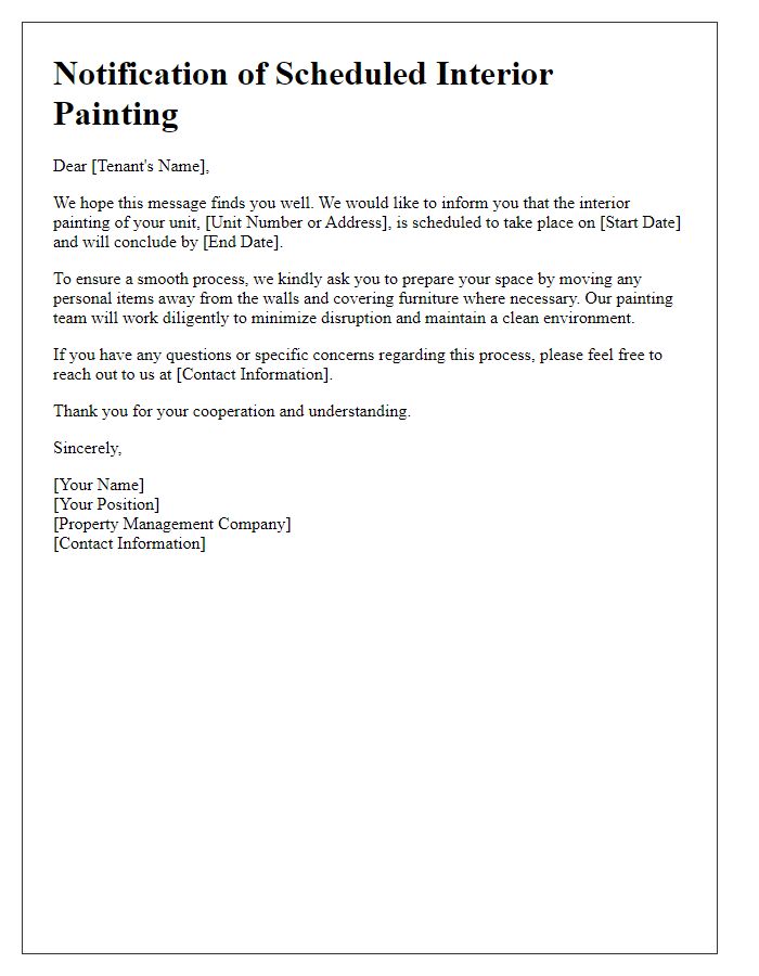 Letter template of tenant notification for interior painting needs