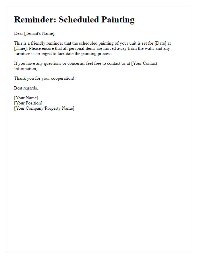 Letter template of tenant reminder for scheduled painting