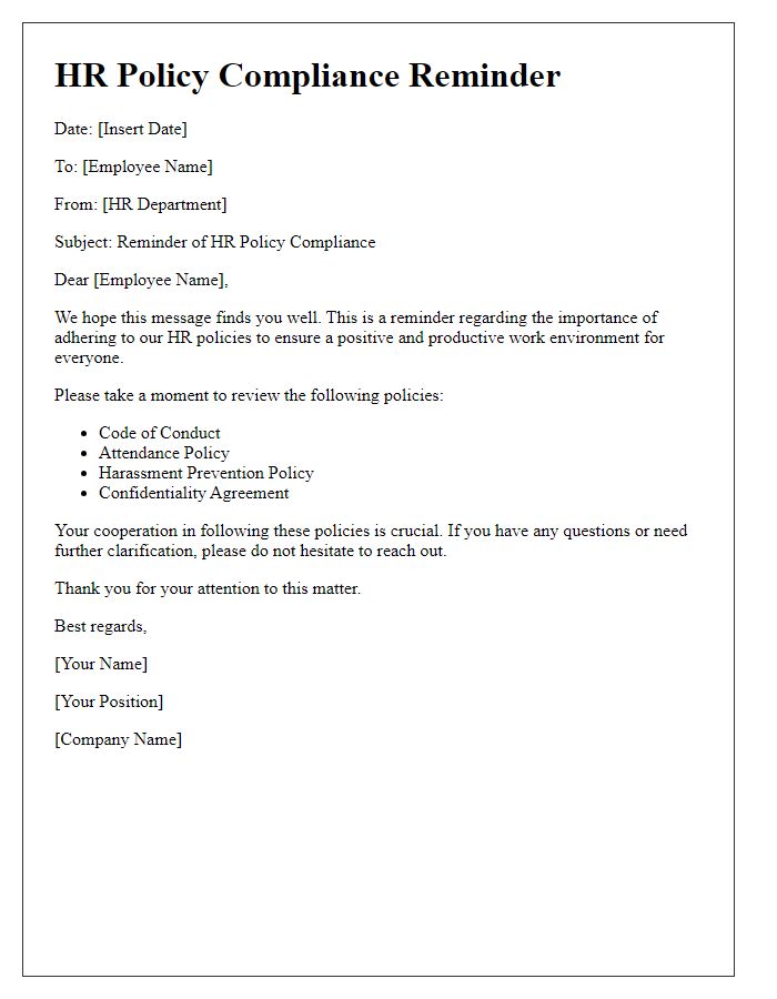 Letter template of HR policy compliance reminder