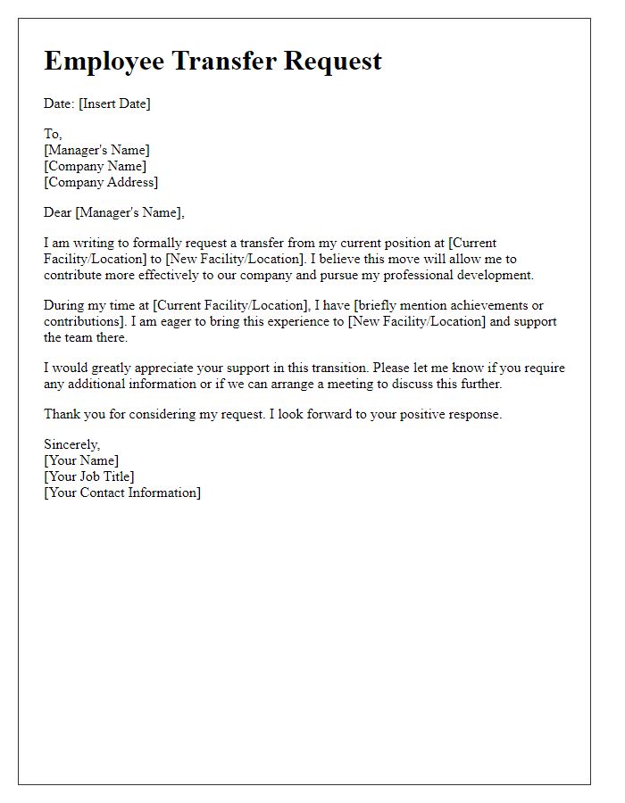 Letter template of Employee Transfer Request to Another Facility