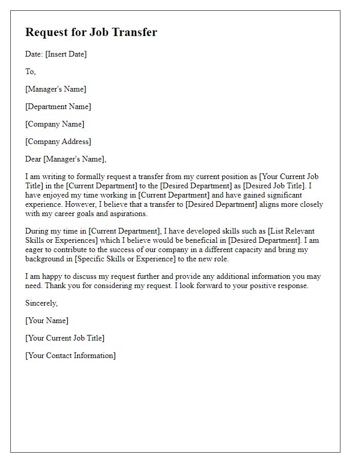 Letter template of Request for Job Transfer Within the Company