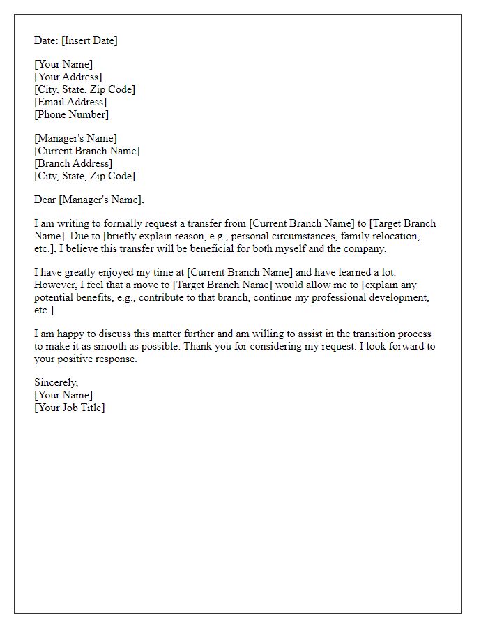 Letter template of Transfer Request to a Different Branch