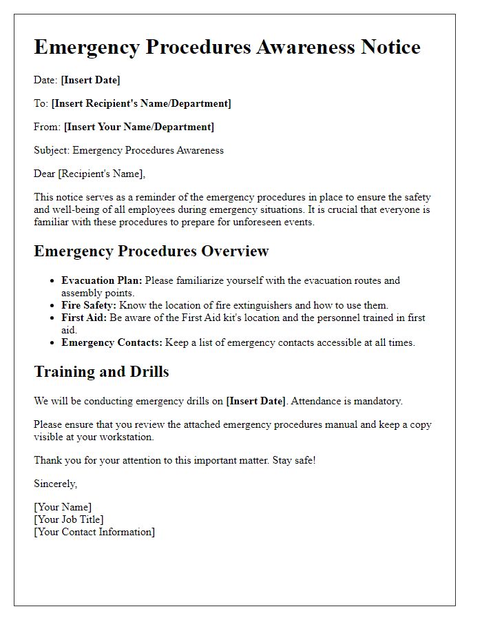 Letter template of emergency procedures awareness notice