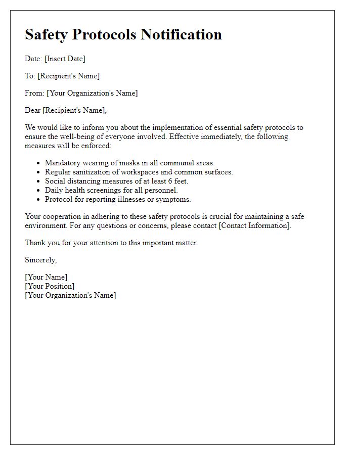 Letter template of essential safety protocols notification