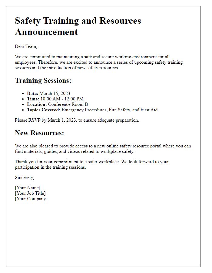 Letter template of safety training and resources announcement