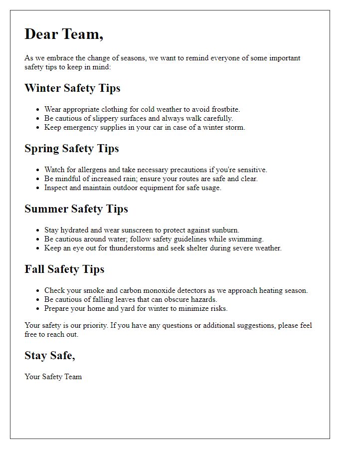 Letter template of seasonal safety tips for all staff