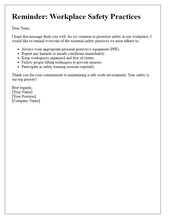 Letter template of workplace safety practices reminder