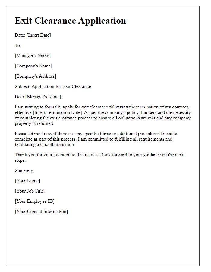 Letter template of exit clearance application for contract termination.