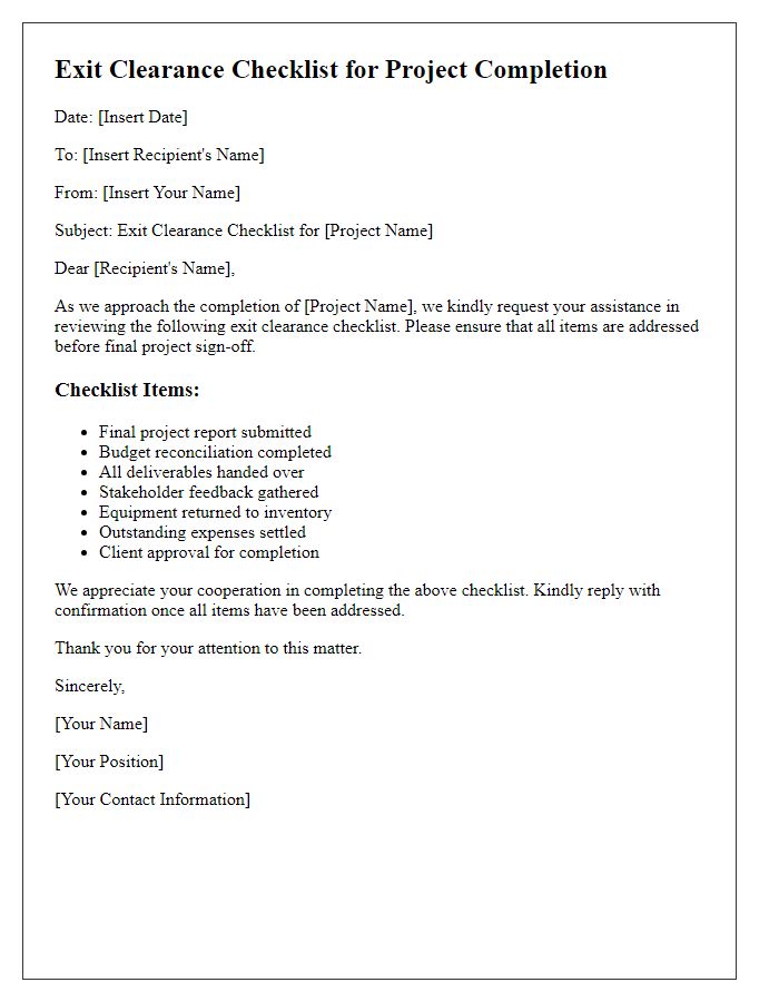 Letter template of exit clearance checklist for project completion.